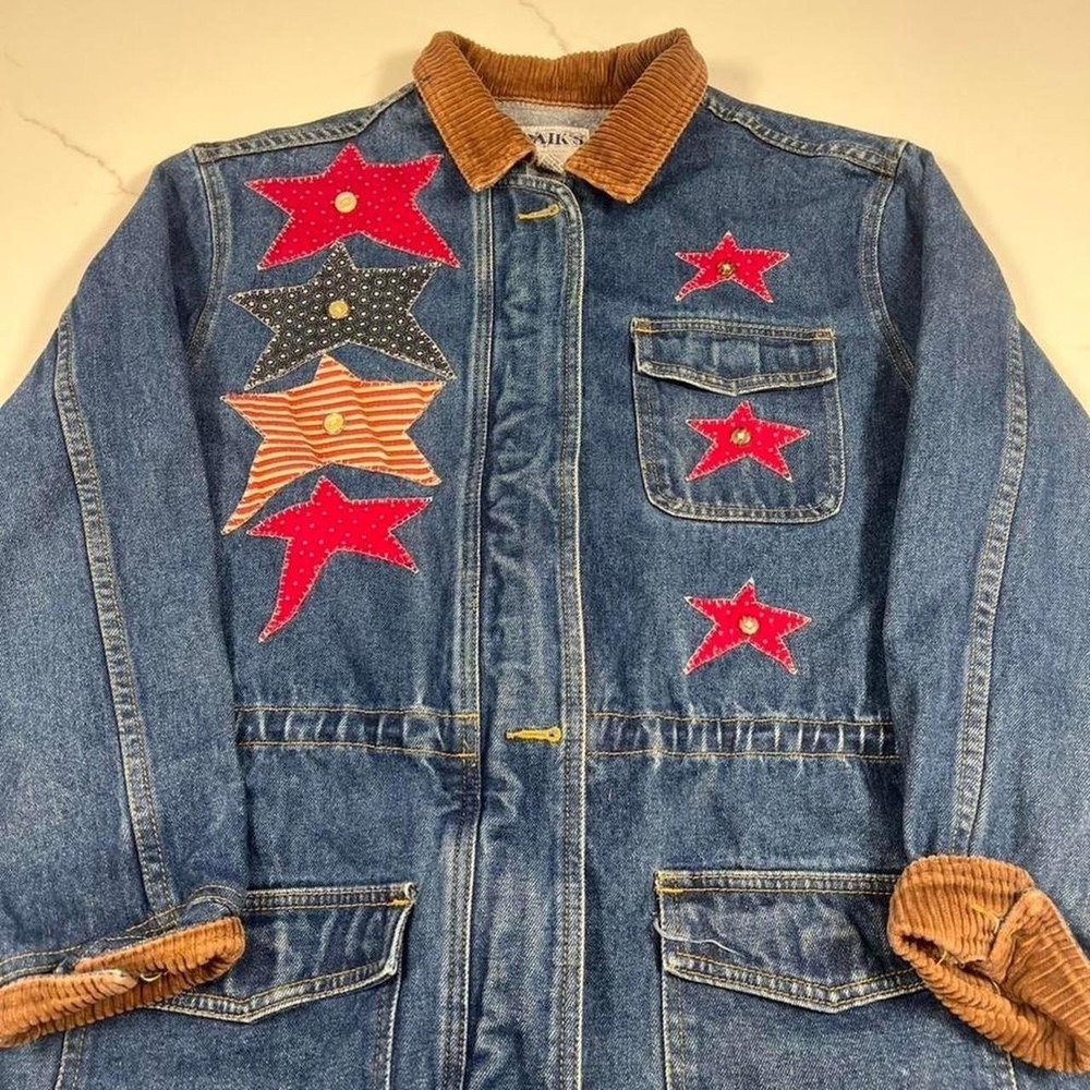 Haik's Denim Jacket Womens Medium Star Patchwork Corduroy Collar Americana Coat